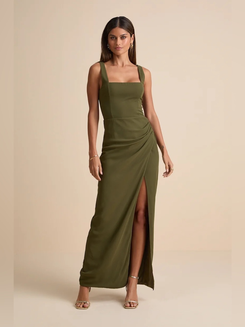 Lulus Glamorous Disposition Olive Green Ruched Maxi Dress large NWT